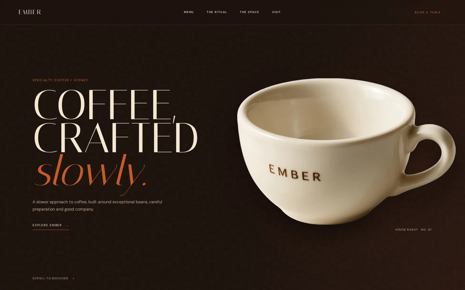 EMBER specialty coffee website opening screen with editorial cream typography and a ceramic coffee cup